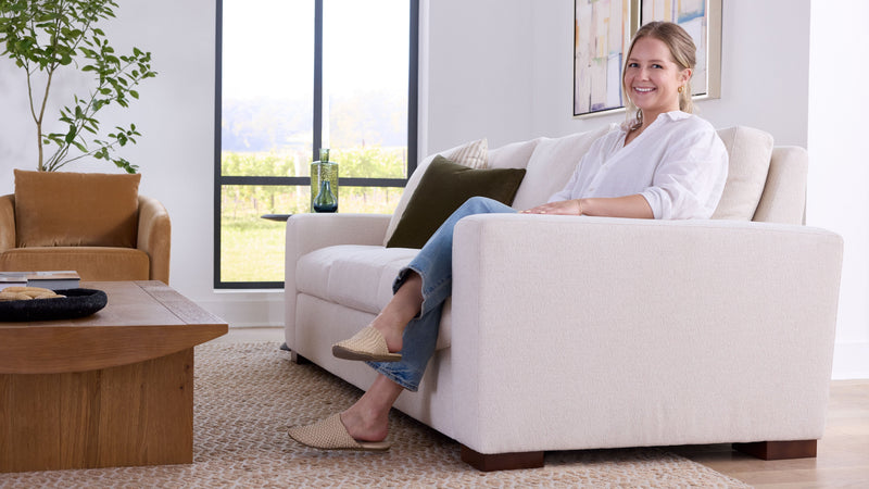 Caption: Shown in Sutton Sand • Model is 5'4" | Lifestyle