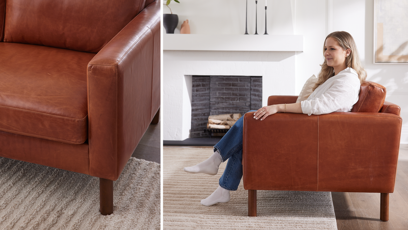 Caption: Shown in Moore & Giles Terra • Model is 5'4" | Lifestyle